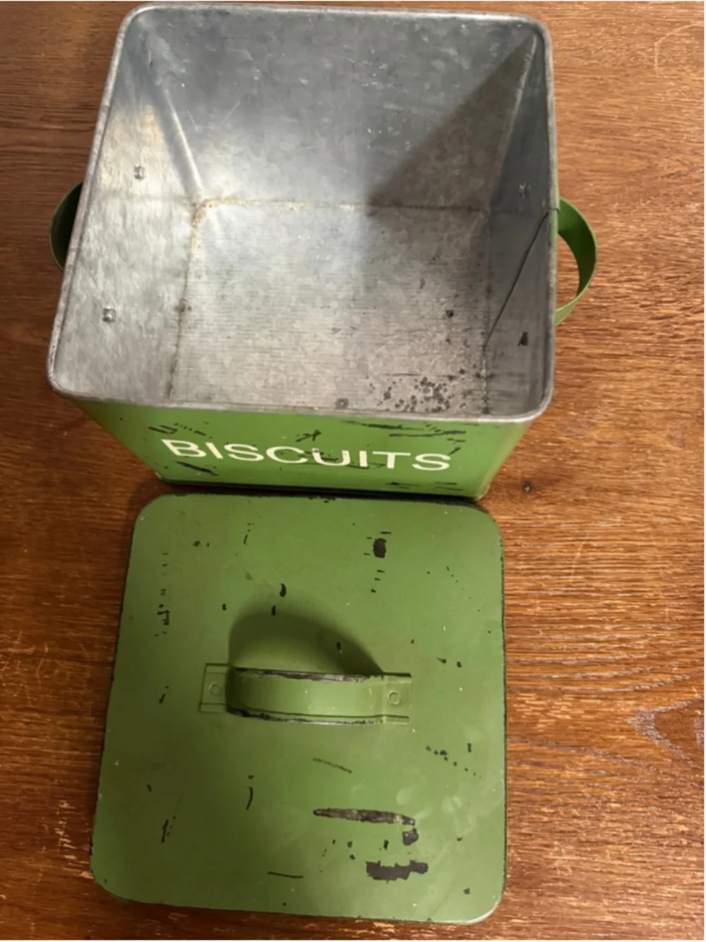 Rustic Metal “Biscuits” Tin Canister Green Farmhouse Kitchen Storage Box w/ Lid